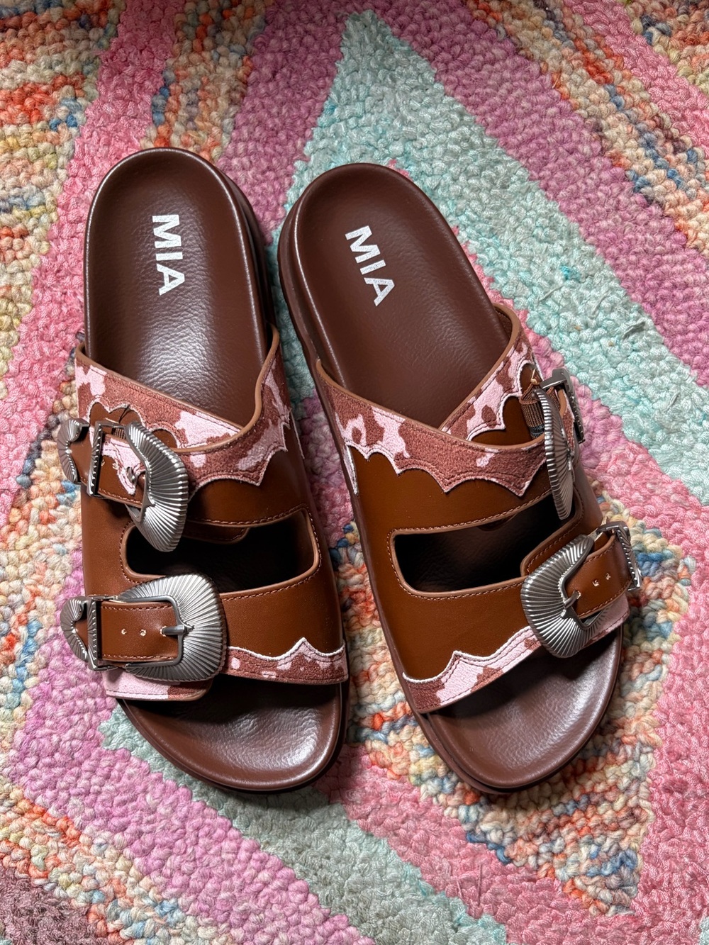 MIA Tibby Brown and Pink Double Buckle Slide Sandals